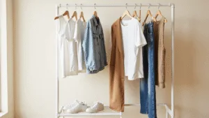 EFFORTLESS CASUAL STYLE: YOUR GUIDE TO LOOKING PUT-TOGETHER (WITHOUT TRYING TOO HARD!) A minimalist clothing rack against a cream wall showcases essential casual wardrobe items, including white t-shirts, a light wash denim jacket, a camel blazer, high-waisted jeans, a neutral cardigan, and white sneakers, all beautifully arranged with soft natural lighting creating gentle shadows.