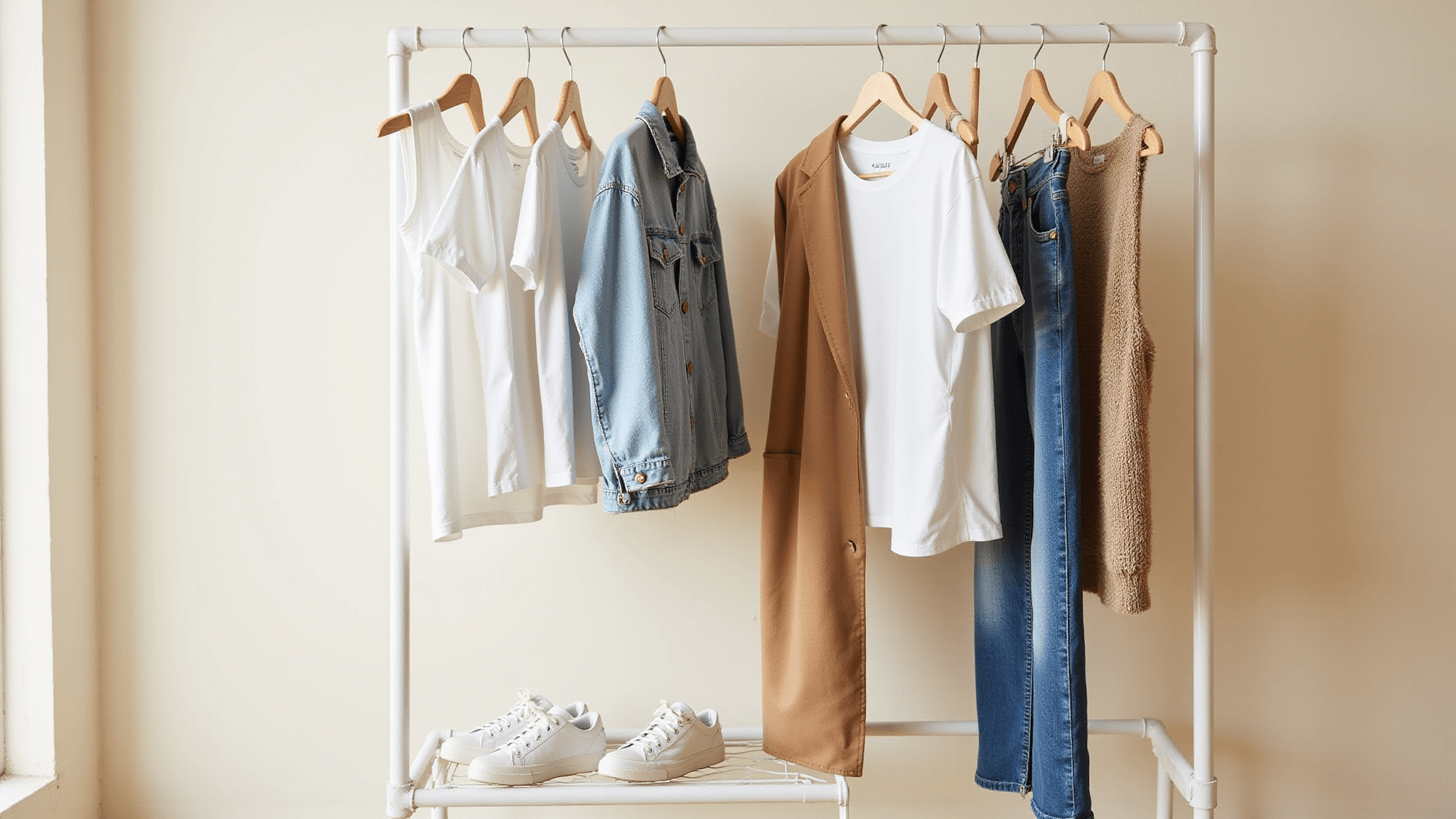 A minimalist clothing rack against a cream wall showcases essential casual wardrobe items, including white t-shirts, a light wash denim jacket, a camel blazer, high-waisted jeans, a neutral cardigan, and white sneakers, all beautifully arranged with soft natural lighting creating gentle shadows.