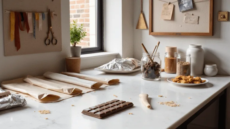 A sunlit artisanal chocolate wrapping station featuring a pristine marble countertop, organized supplies including aluminum foil and decorative papers, a partially wrapped chocolate bar, and vintage brass tools, all illuminated by soft natural light.