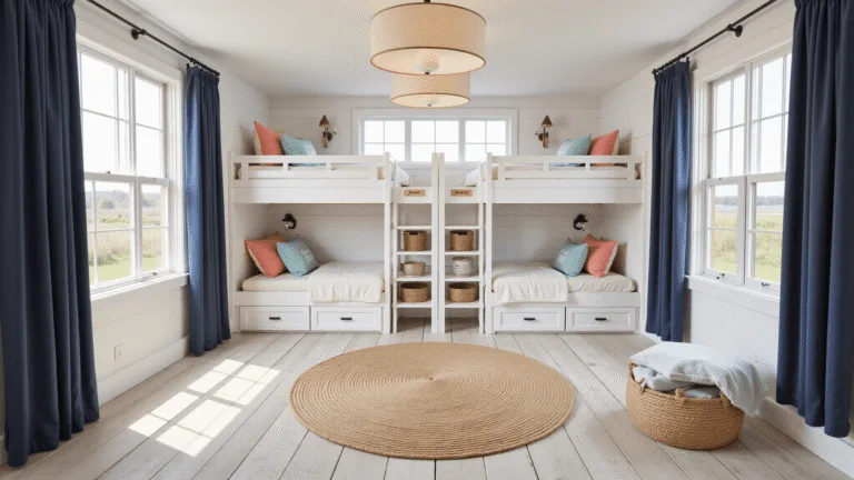 Photorealistic coastal-themed bunk room with natural morning sunlight, featuring white shiplap quad bunks, navy privacy curtains, cream linen bedding, coral and seafoam pillows, personalized wooden name plaques, vintage maritime decor, distressed oak ladder, jute area rug, and porthole-style mirrors.