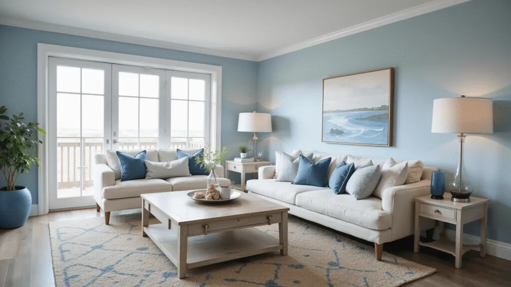 Light Blue Living Rooms: Your Ultimate Guide to Serene and Stylish Spaces A photorealistic coastal living room featuring powder blue walls, a cream linen sofa with blue and white throw pillows, weathered white oak furniture, and a natural jute rug with geometric patterns, illuminated by floor-to-ceiling windows.