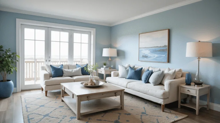 A photorealistic coastal living room featuring powder blue walls, a cream linen sofa with blue and white throw pillows, weathered white oak furniture, and a natural jute rug with geometric patterns, illuminated by floor-to-ceiling windows.