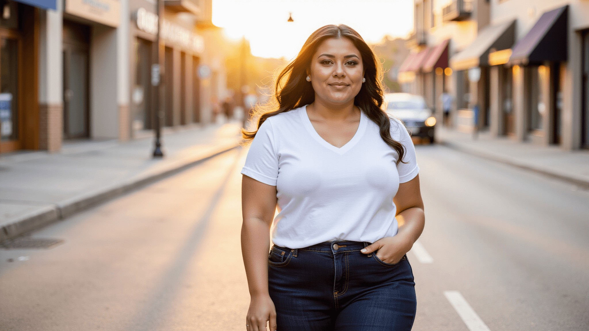 A confident plus-size model in dark fitted denim and a white V-neck tee walks down a sunlit urban street during golden hour, with modern storefronts in the background and a soft bokeh effect enhancing the warm tones of the scene.