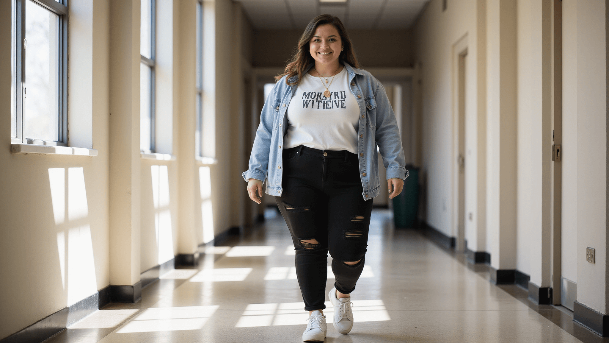 A confident plus-size student in high-waisted black distressed jeans, a fitted white graphic tee, and an oversized denim jacket walks through a sunlit school hallway, wearing chunky white sneakers and layered gold necklaces, captured in a cinematic glow with natural light.
