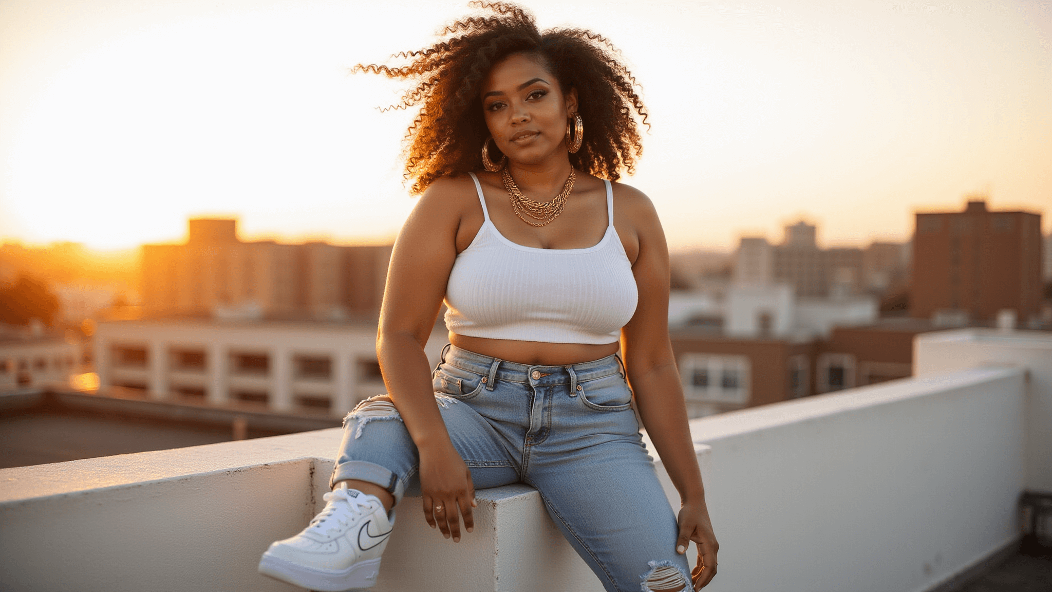 A confident plus-size model in a white crop top and distressed mom jeans poses on a sunlit urban rooftop during golden hour, with her hair flowing in the breeze and cityscape behind her. She wears platform Nike Air Force 1s, oversized gold hoop earrings, and layered gold necklaces that catch the warm sunset light.