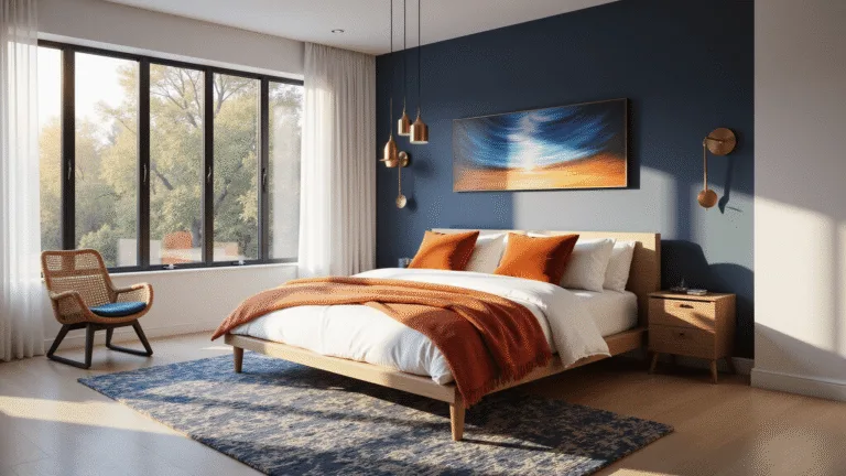 A contemporary bedroom with a navy blue accent wall, modern platform bed adorned with white linens and burnt orange pillows, featuring brass pendant lights, a geometric rug, and an abstract artwork, all bathed in golden hour sunlight.