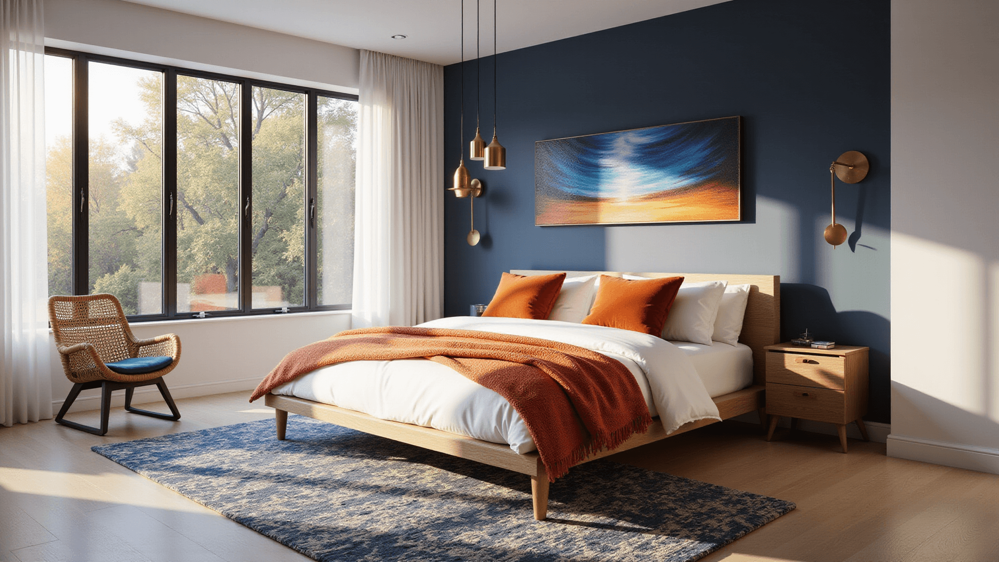 A contemporary bedroom with a navy blue accent wall, modern platform bed adorned with white linens and burnt orange pillows, featuring brass pendant lights, a geometric rug, and an abstract artwork, all bathed in golden hour sunlight.