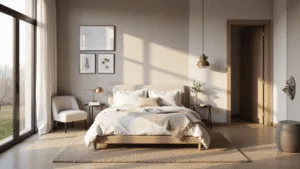 Bedroom Ideas: Designing Your Personal Sleep Sanctuary A serene contemporary bedroom bathed in golden hour light, featuring a low-profile platform bed with white linen bedding, textured grasscloth wallpaper, oak herringbone floors, and modern brass sconces, all enhanced by layered textiles and curated decor.