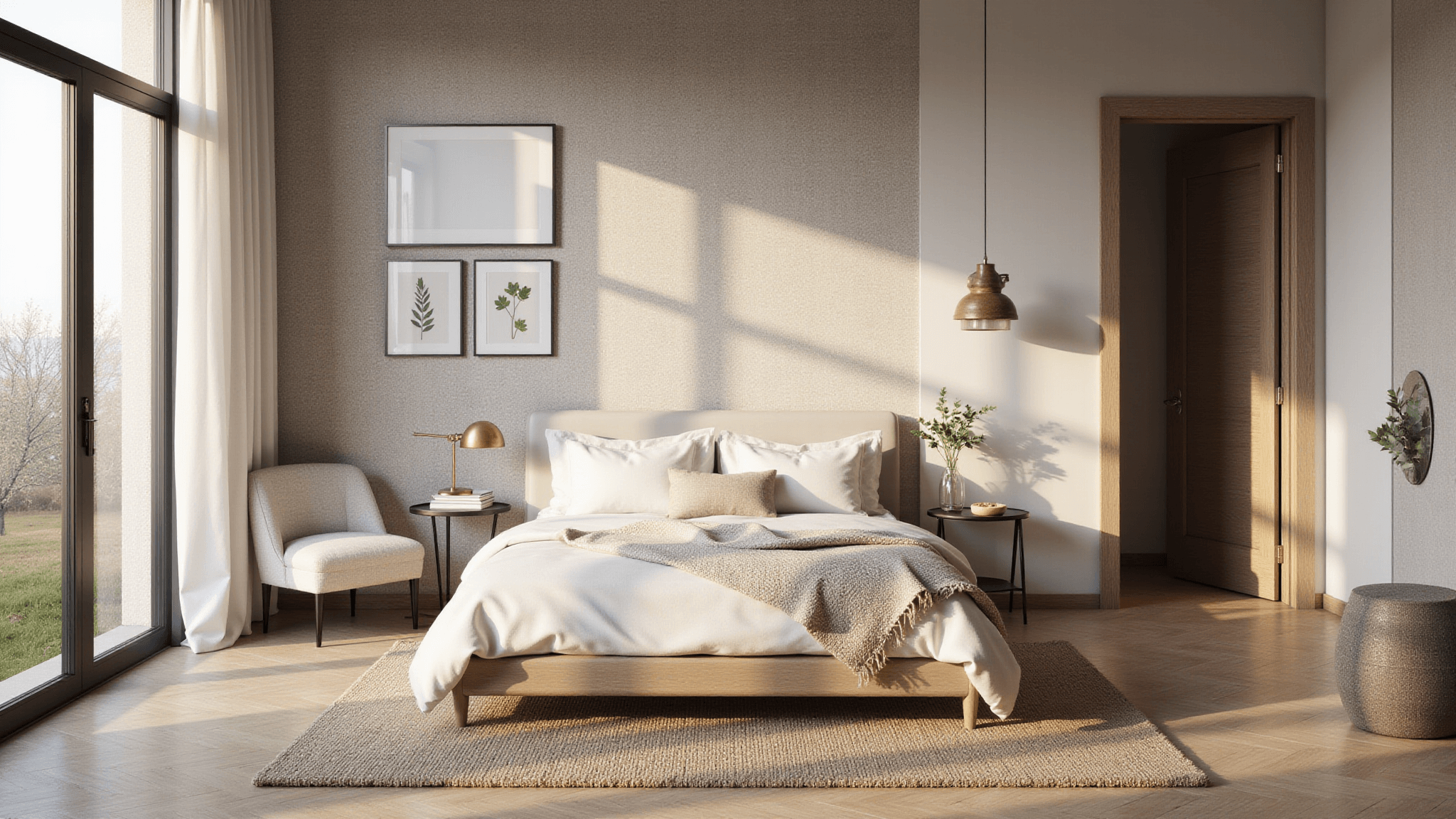 A serene contemporary bedroom bathed in golden hour light, featuring a low-profile platform bed with white linen bedding, textured grasscloth wallpaper, oak herringbone floors, and modern brass sconces, all enhanced by layered textiles and curated decor.