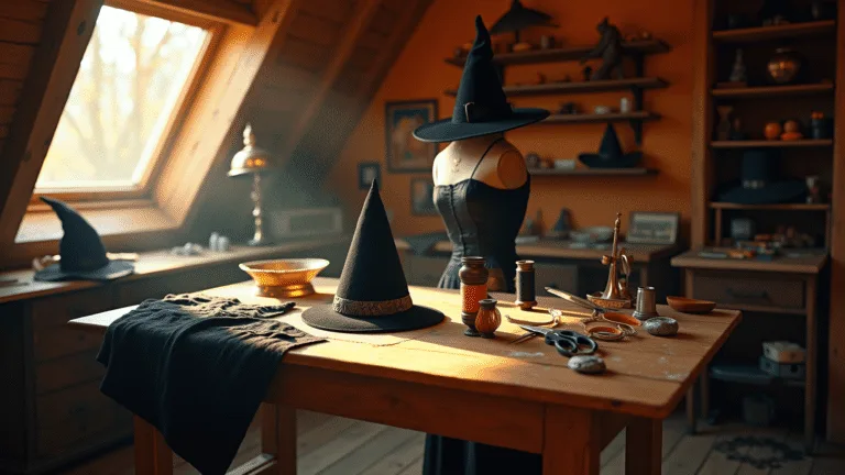 A cozy attic craft room bathed in golden autumn sunlight, featuring a vintage workbench with DIY witch hat materials, a half-finished witch costume on a dress form, and various completed witch hats on shelves, all set against rich wood beams and amber-toned walls.