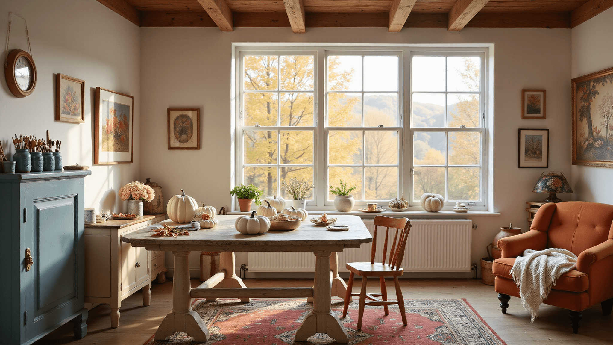A cozy autumn craft room featuring a rustic farmhouse table with white pumpkins, organized acrylic paints, and vintage paintbrushes, illuminated by natural sunlight through a bay window, with warm decor elements like a burnt orange armchair and patterned rug.