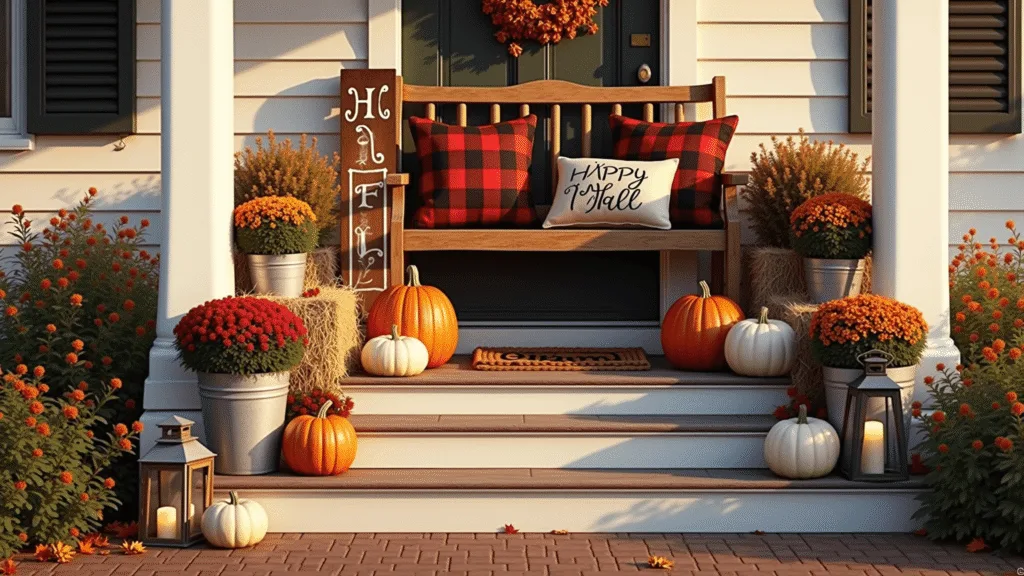 Fall-ing for Outdoor DIY Decor: Cozy Up Your Space This Autumn A rustic farmhouse porch adorned for autumn, featuring a wooden bench with buffalo plaid cushions, hay bales, heirloom pumpkins, vibrant chrysanthemums in galvanized buckets, a hand-lettered sign, layered doormats, vintage lanterns, and scattered maple leaves, all illuminated by warm golden hour sunlight.
