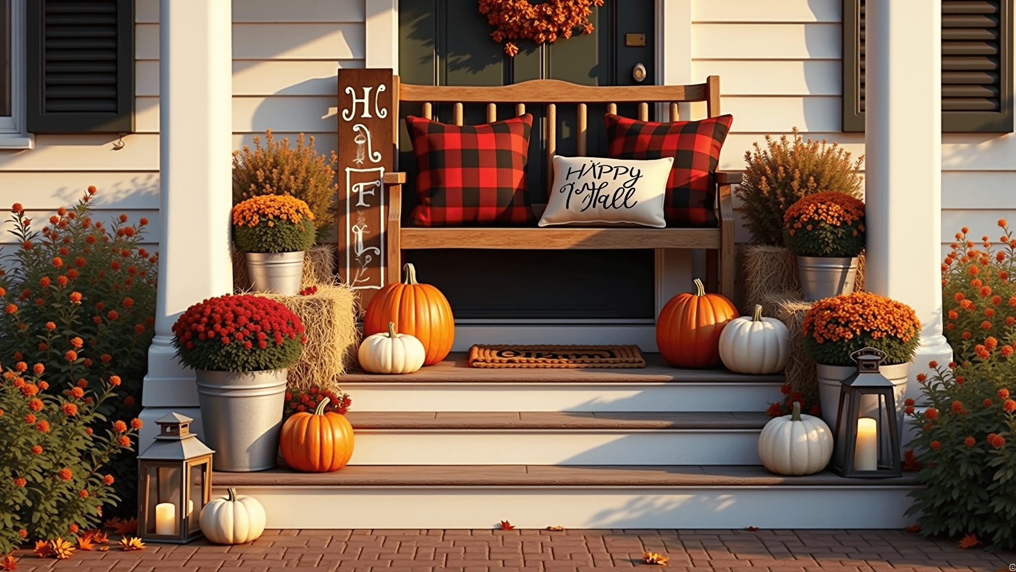 A rustic farmhouse porch adorned for autumn, featuring a wooden bench with buffalo plaid cushions, hay bales, heirloom pumpkins, vibrant chrysanthemums in galvanized buckets, a hand-lettered sign, layered doormats, vintage lanterns, and scattered maple leaves, all illuminated by warm golden hour sunlight.