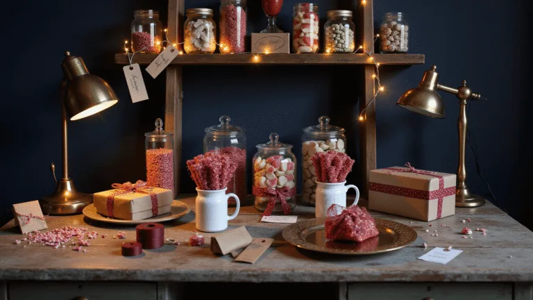 Cinematic night scene of a cozy candy gifting station with a vintage ladder shelf, illuminated by fairy lights and filled with colorful candies in glass jars, a weathered desk with crafting supplies, and warm intimate lighting creating dramatic shadows.