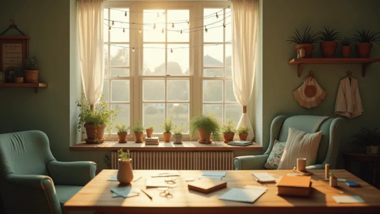 A sunlit home craft room with a rustic wooden desk by a bay window, colorful DIY project materials scattered, a sage green armchair with a throw blanket, potted plants, fairy lights, and soft sage green walls.