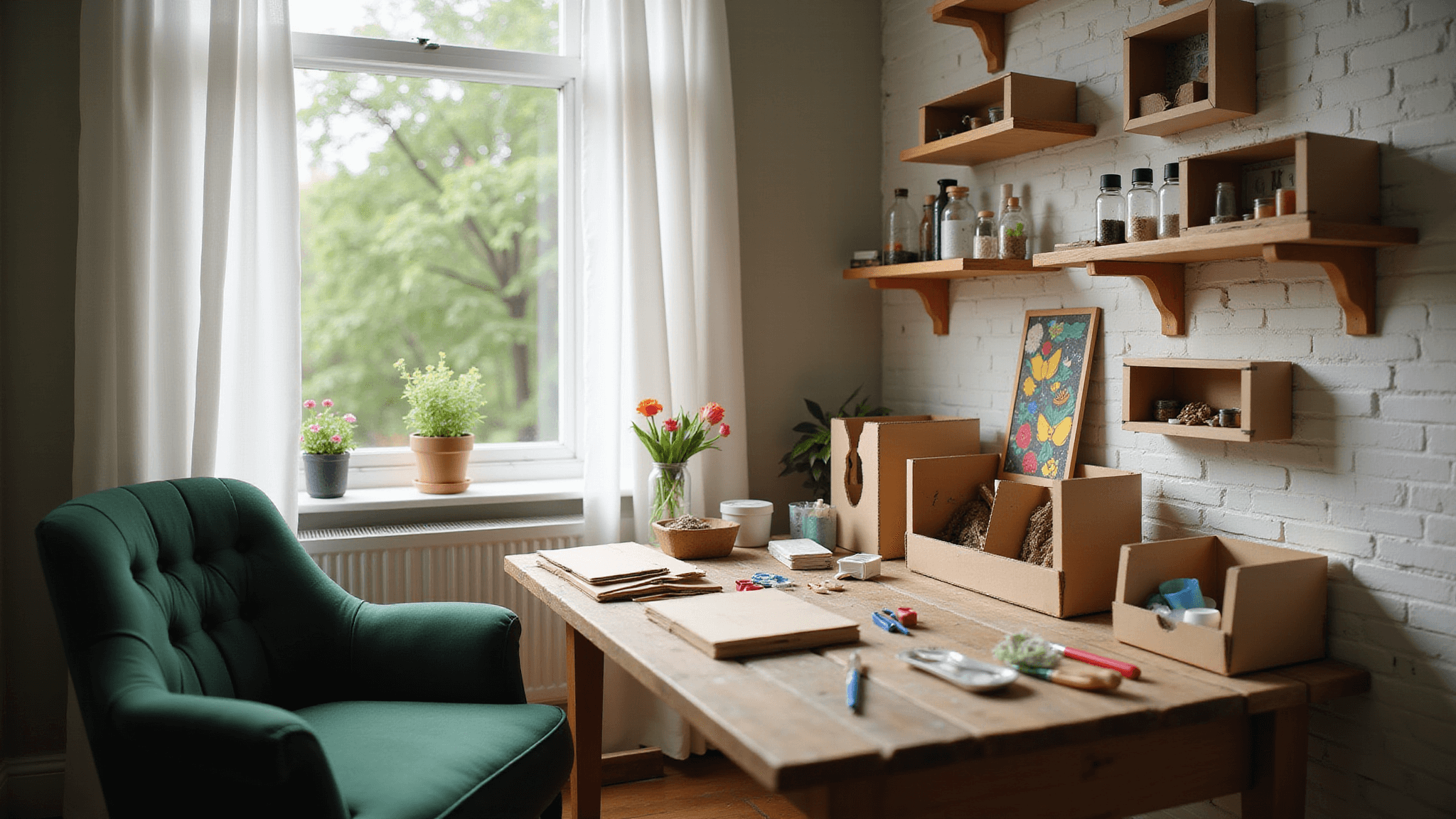 Cinematic close-up of a cozy crafting corner featuring a rustic wooden table, green velvet armchair, handmade cardboard shadow boxes, and an array of colorful craft supplies, bathed in soft natural light with a lush garden view through a bay window.