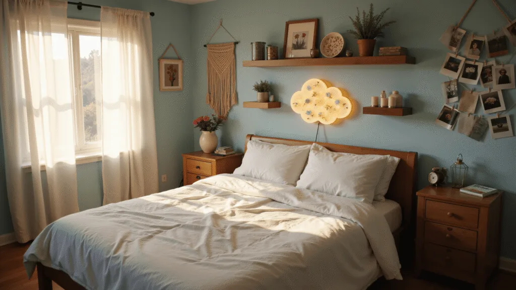 A dreamy bedroom with a handmade LED cloud lamp, queen-sized bed with rumpled white linens, pale blue walls, and soft golden hour lighting. Features wooden shelves with eclectic DIY decor, warm wooden floorboards, macramé wall hangings, and a DIY photo collage wall, creating a cozy hygge atmosphere.
