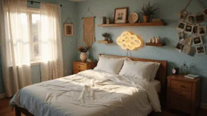 DIY Room Decor Ideas That'll Make Your Space Pop! A dreamy bedroom with a handmade LED cloud lamp, queen-sized bed with rumpled white linens, pale blue walls, and soft golden hour lighting. Features wooden shelves with eclectic DIY decor, warm wooden floorboards, macramé wall hangings, and a DIY photo collage wall, creating a cozy hygge atmosphere.