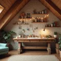 A cozy attic craft studio bathed in warm golden hour light, featuring a vintage workbench filled with handmade friendship bracelets and craft supplies, rustic shelves lined with colorful jars, and a comfortable armchair with a quilt, all set against exposed brick walls adorned with fairy lights and Polaroid photos.