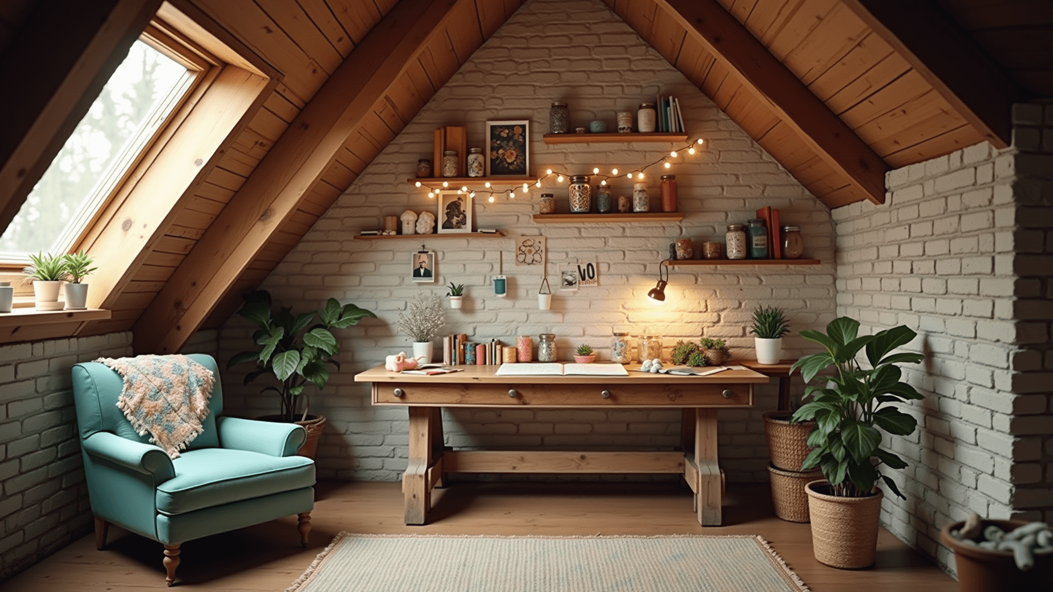 A cozy attic craft studio bathed in warm golden hour light, featuring a vintage workbench filled with handmade friendship bracelets and craft supplies, rustic shelves lined with colorful jars, and a comfortable armchair with a quilt, all set against exposed brick walls adorned with fairy lights and Polaroid photos.