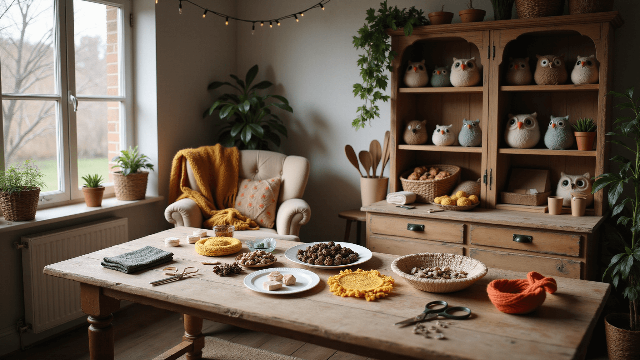 Warm, sunlit craft room filled with owl-making supplies on a wooden worktable, featuring natural materials, vintage armchair with a knitted blanket, and completed crafts, complemented by potted plants and string lights for ambiance.