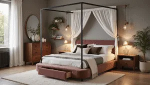 Small Bedroom Ideas for Couples: Maximizing Space with Style Cozy couples' bedroom featuring a velvet platform bed with a black metal canopy, layered textures, warm lighting, and a romantic atmosphere.