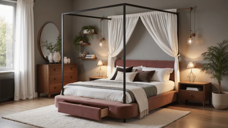 Cozy couples' bedroom featuring a velvet platform bed with a black metal canopy, layered textures, warm lighting, and a romantic atmosphere.