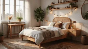 Cozy Bedroom Ideas for Small Rooms: Your Ultimate Guide to Comfort in Compact Spaces A cozy Scandinavian bedroom bathed in golden hour light, featuring a queen bed with white linen bedding and textured throw, rustic nightstands with warm lamp lighting, and decorative elements like a vintage Persian rug and cascading string lights, all captured in hyperrealistic detail.