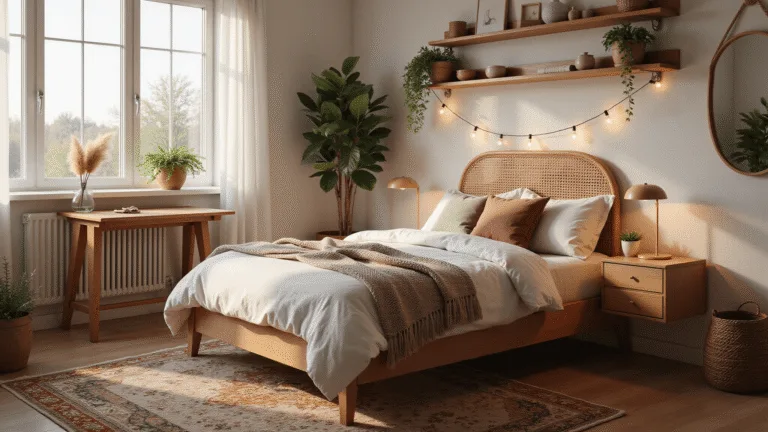 A cozy Scandinavian bedroom bathed in golden hour light, featuring a queen bed with white linen bedding and textured throw, rustic nightstands with warm lamp lighting, and decorative elements like a vintage Persian rug and cascading string lights, all captured in hyperrealistic detail.