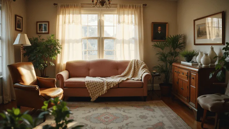 A sunlit living room during golden hour featuring a plush dusty rose velvet sofa with a crocheted afghan, a weathered leather armchair, vintage brass floor lamp, and a muted Persian rug over sisal, all captured with soft natural lighting and a warm nostalgic color palette.