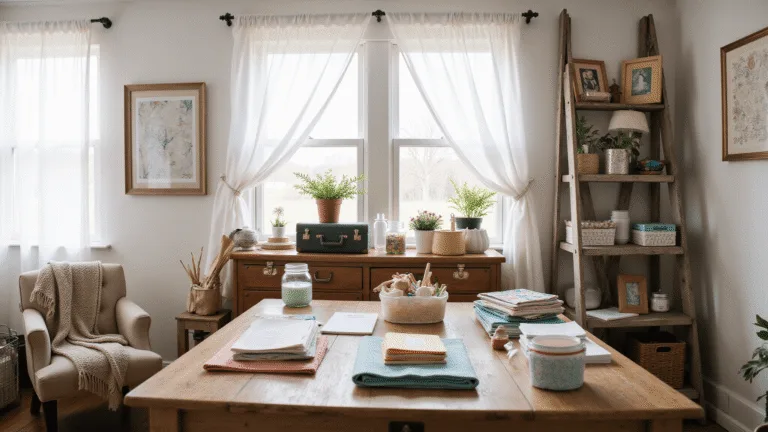 Bright, airy craft room with rustic wooden workstation, vintage farmhouse table, organized craft supplies, plush armchair, and finished DIY projects, illuminated by soft morning light.