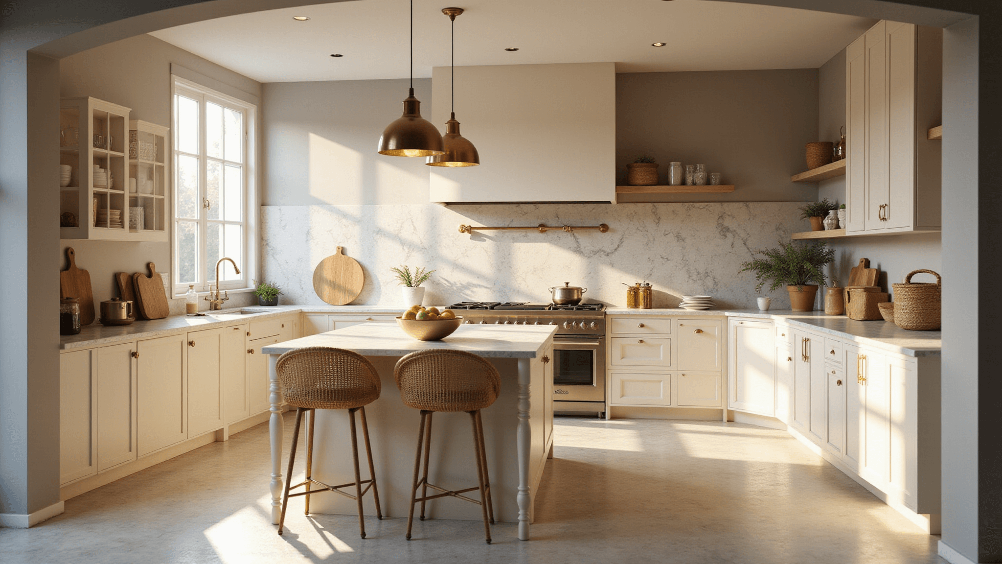 Photorealistic image of a spacious modern kitchen featuring cream shaker-style cabinets, Calacatta marble countertops, vintage brass pendant lights, and natural woven baskets, illuminated by golden morning sunlight through large windows.
