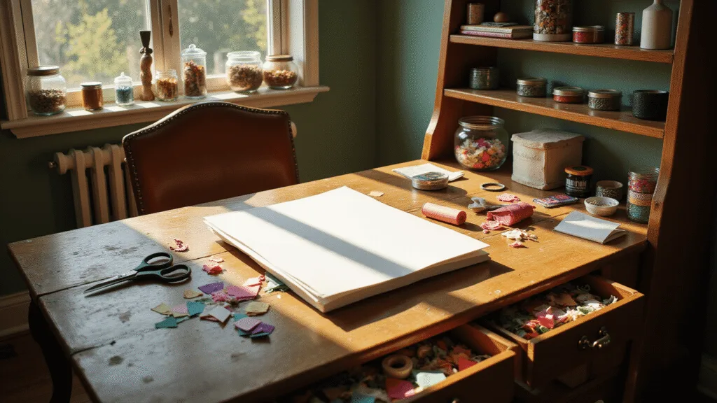How to Make a Homemade Birthday Card That'll Knock Their Socks Off A sunlit craft room featuring a weathered oak table with a half-finished DIY birthday card, vibrant crafting materials, vintage jars of ribbons and glitter, against sage green walls with natural shadows and a warm afternoon glow.