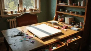 How to Make a Homemade Birthday Card That'll Knock Their Socks Off A sunlit craft room featuring a weathered oak table with a half-finished DIY birthday card, vibrant crafting materials, vintage jars of ribbons and glitter, against sage green walls with natural shadows and a warm afternoon glow.