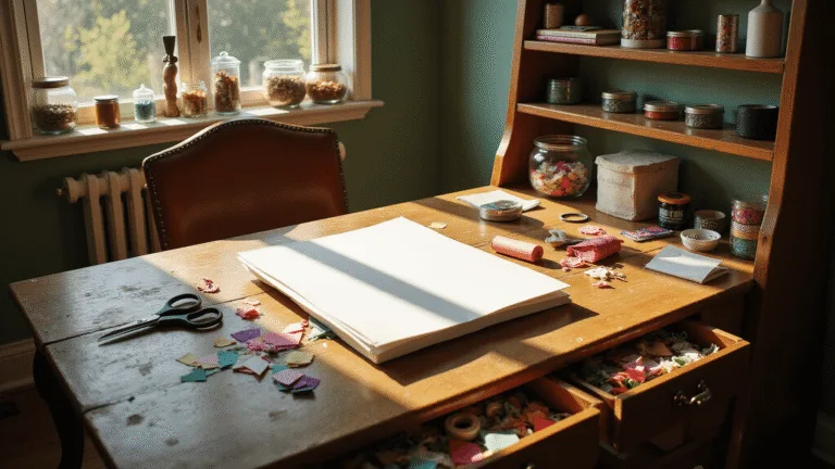 A sunlit craft room featuring a weathered oak table with a half-finished DIY birthday card, vibrant crafting materials, vintage jars of ribbons and glitter, against sage green walls with natural shadows and a warm afternoon glow.