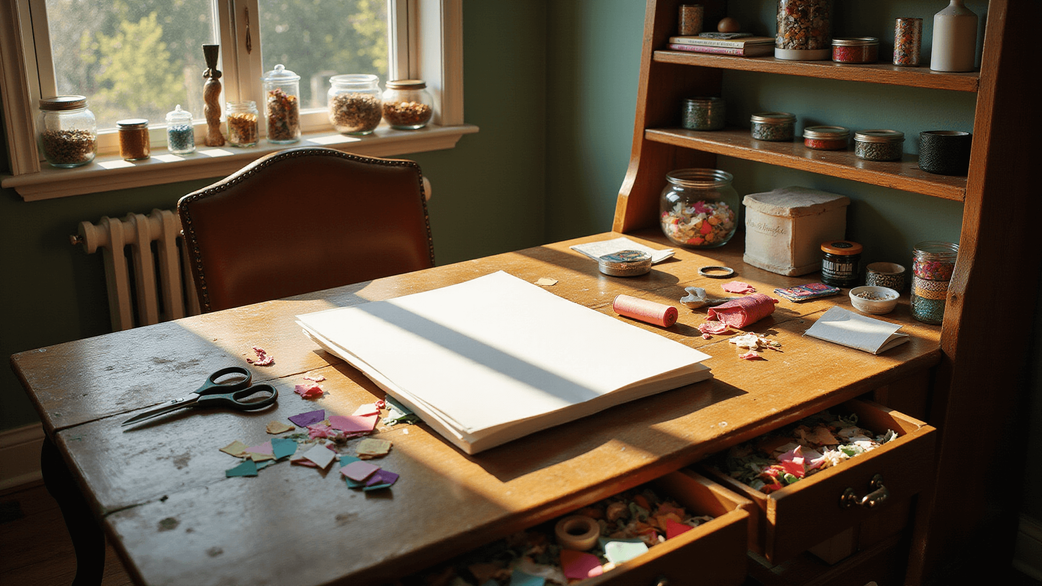 A sunlit craft room featuring a weathered oak table with a half-finished DIY birthday card, vibrant crafting materials, vintage jars of ribbons and glitter, against sage green walls with natural shadows and a warm afternoon glow.