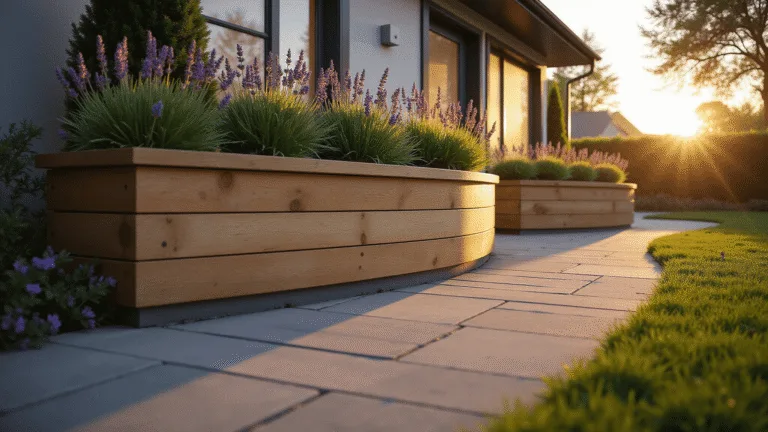 Photorealistic wide-angle shot of a curved garden border featuring honey-toned oak sleepers arranged in an S-curve, adorned with lavender and ornamental grasses, illuminated by golden hour lighting, showcasing rich wood textures and dramatic shadows.