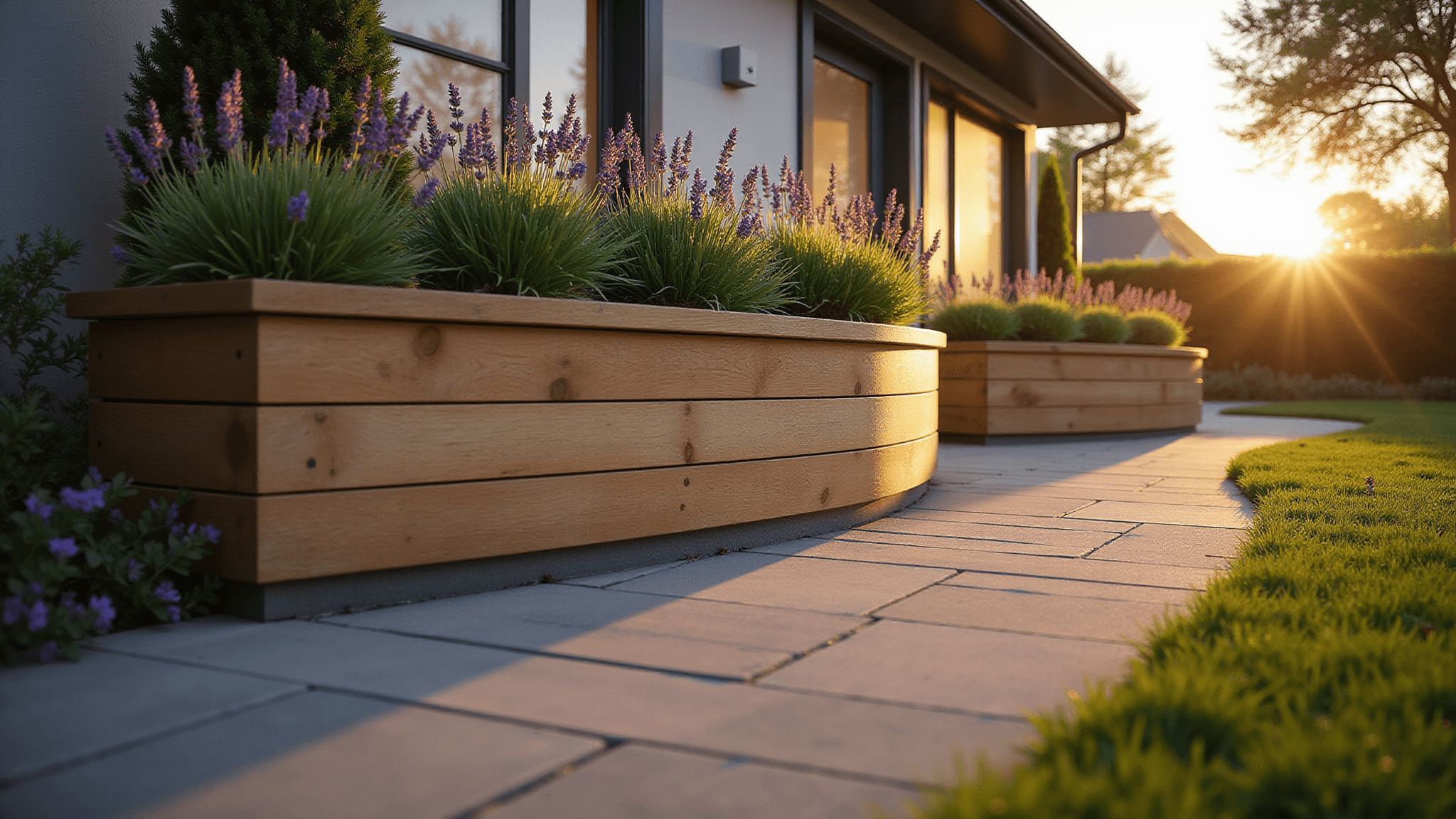 Photorealistic wide-angle shot of a curved garden border featuring honey-toned oak sleepers arranged in an S-curve, adorned with lavender and ornamental grasses, illuminated by golden hour lighting, showcasing rich wood textures and dramatic shadows.