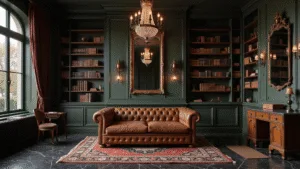 Crafting the Perfect Dark Aesthetic Home: A Comprehensive Guide to Moody, Sophisticated Interiors Photorealistic image of a dramatic dark academic library-study featuring mahogany bookshelves, a vintage leather sofa, deep green walls, and warm ambient lighting.