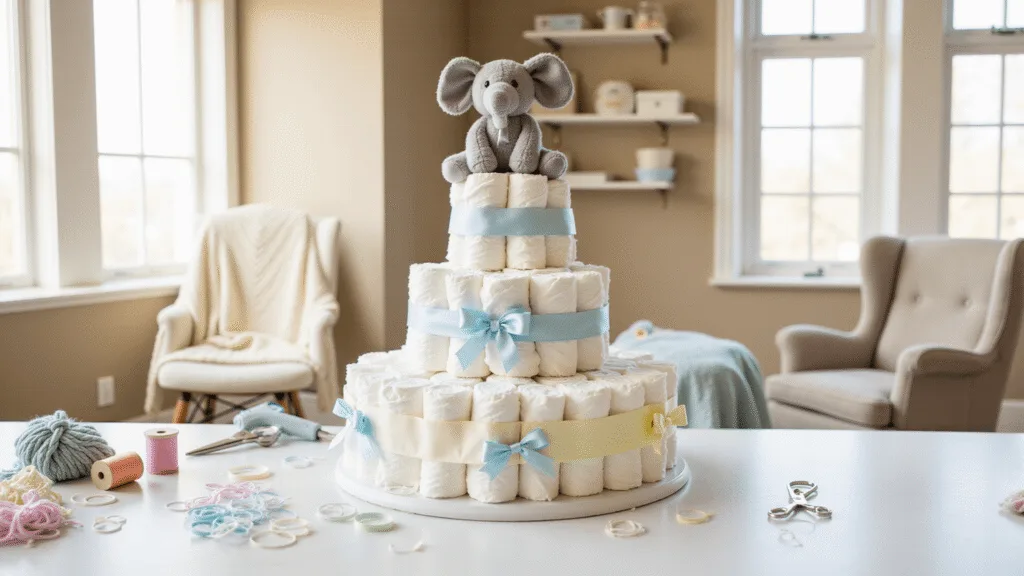 A sunlit crafting room with a white workspace featuring a three-tiered diaper cake made of rolled white diapers, decorated with pastel ribbons and topped by a plush grey elephant, surrounded by crafting supplies and a vintage rocking chair with a knitted baby blanket.