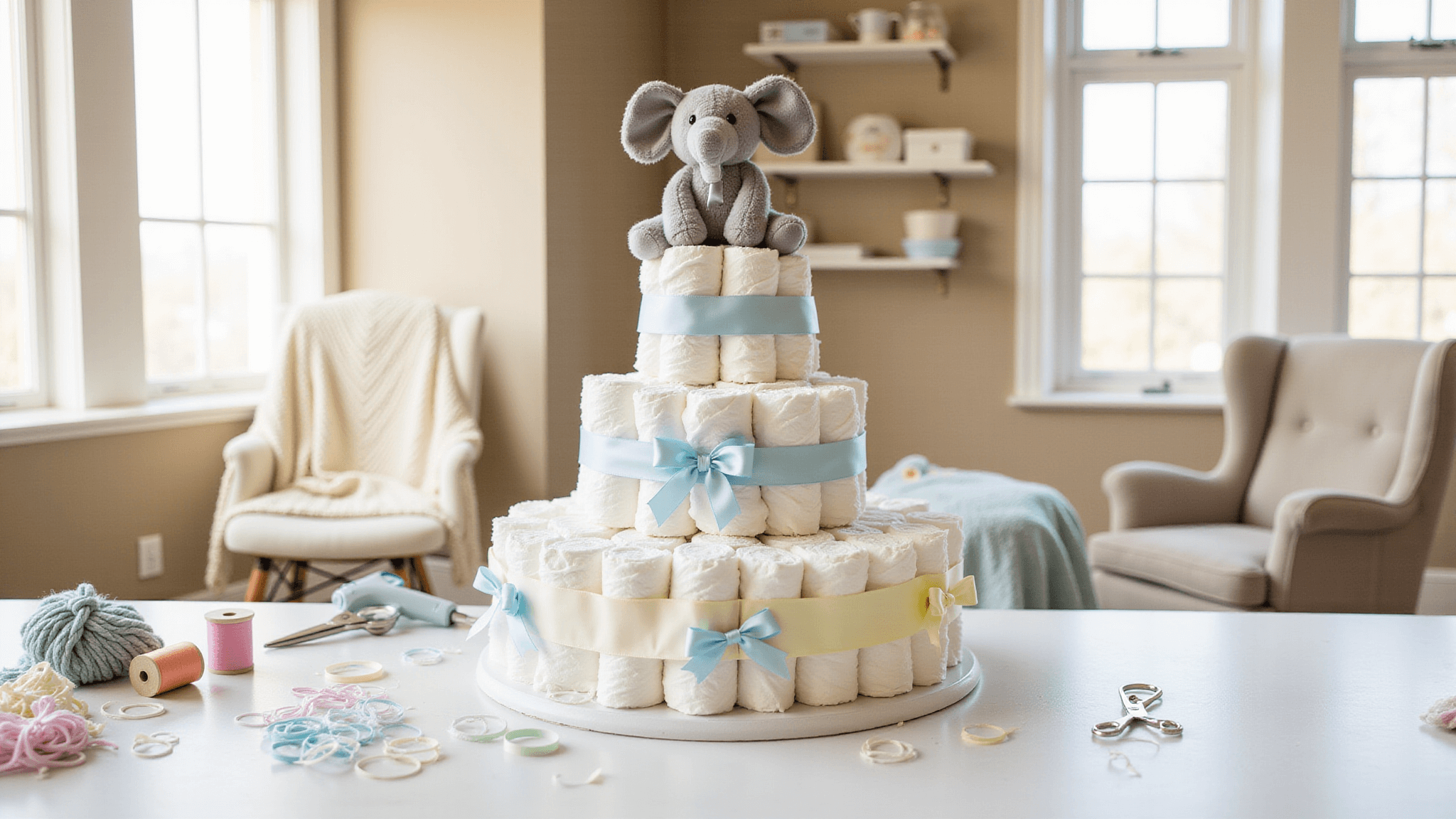 A sunlit crafting room with a white workspace featuring a three-tiered diaper cake made of rolled white diapers, decorated with pastel ribbons and topped by a plush grey elephant, surrounded by crafting supplies and a vintage rocking chair with a knitted baby blanket.