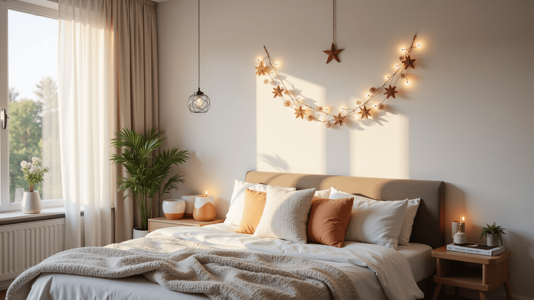 Photorealistic interior shot of a contemporary bedroom featuring DIY decor, including a handcrafted pool ball candle holder, paper star garland, sheer bed canopy with fairy lights, ombré ceramic pots with plants, and a suspended LED cloud light, all illuminated by natural sunlight.