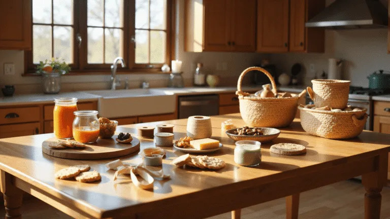 A sunlit modern kitchen with a large wooden island featuring an in-progress DIY gift basket assembly, showcasing artisanal cheeses, gourmet crackers, and colorful glass jars on a rustic cutting board, surrounded by elegant ribbons, woven baskets, and cellophane sheets, captured in a professional style with shallow depth of field.