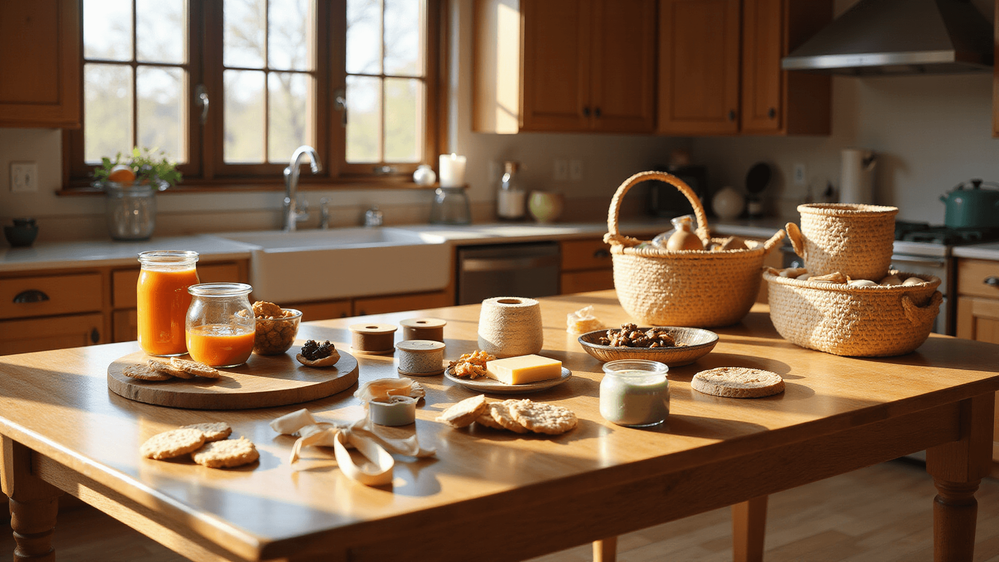 A sunlit modern kitchen with a large wooden island featuring an in-progress DIY gift basket assembly, showcasing artisanal cheeses, gourmet crackers, and colorful glass jars on a rustic cutting board, surrounded by elegant ribbons, woven baskets, and cellophane sheets, captured in a professional style with shallow depth of field.