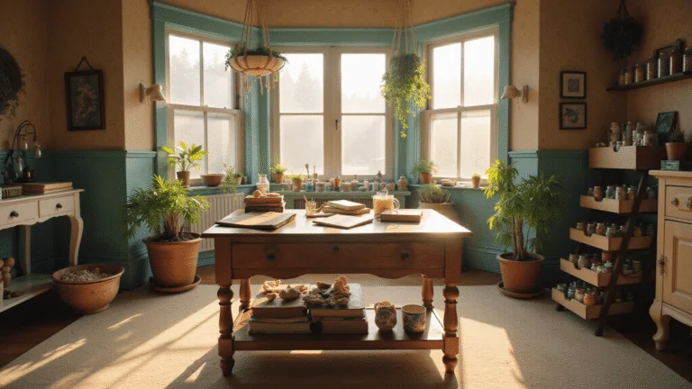 Cinematic wide-angle shot of a sunlit vintage-inspired craft room with a wooden craft table, handmade projects, macramé plant holders, and organized supplies, all bathed in warm golden hour light.