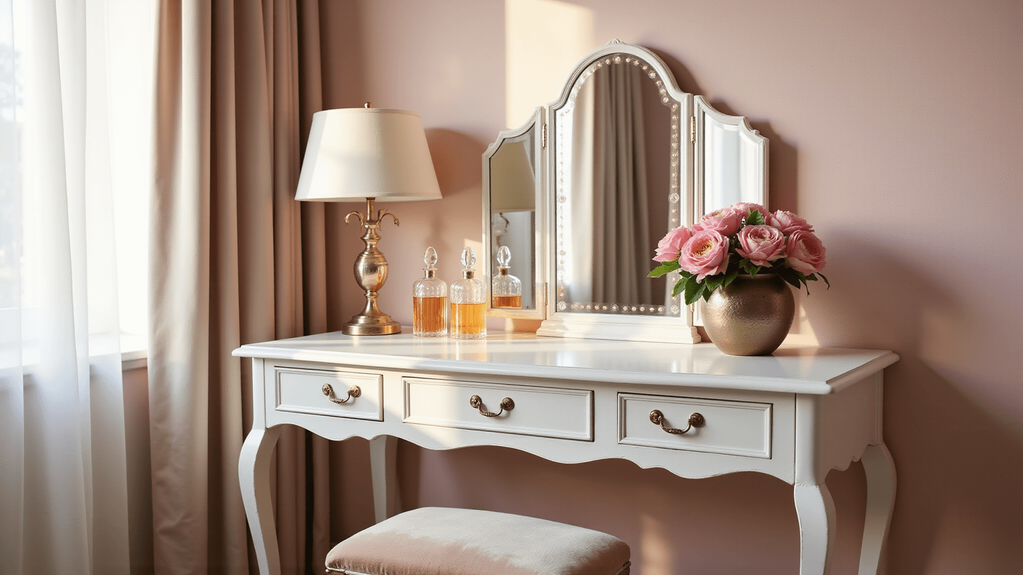 A dreamy sunlit bedroom vanity corner featuring a white dressing table, elegant tri-fold mirror, and plush champagne velvet stool, styled with vintage perfume bottles and fresh pink peonies, captured in soft natural light for a romantic atmosphere.