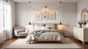 Cute Bedroom Ideas: Transform Your Space into a Dreamy Retreat A dreamy pastel bedroom featuring a cloud-like queen bed with blush pink and sage green linens, a white brick accent wall with framed pressed flowers, warm fairy lights, a Himalayan salt lamp, and a plush lavender velvet reading chair, all bathed in soft morning light.
