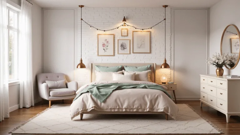 A dreamy pastel bedroom featuring a cloud-like queen bed with blush pink and sage green linens, a white brick accent wall with framed pressed flowers, warm fairy lights, a Himalayan salt lamp, and a plush lavender velvet reading chair, all bathed in soft morning light.