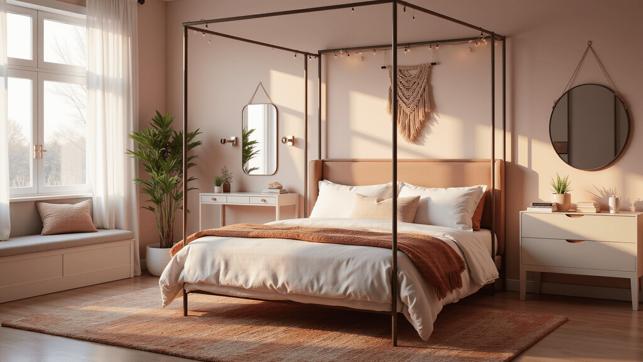 Photorealistic image of a spacious teen girl's bedroom with a modern metal canopy bed, blush velvet bedding, and warm brass accents, captured during golden hour with natural sunlight filtering through sheer white curtains, featuring a statement vanity, macramé wall hanging, vintage-style rug, and ambient fairy lights.