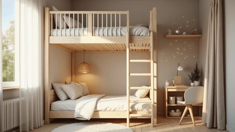 A cozy toddler bedroom featuring soft cream walls and cloud wallpaper, a natural wood loft bed, a reading nook with plush cushions, twinkle lights, and floating oak shelves filled with children's books and toys, all bathed in warm golden hour sunlight.